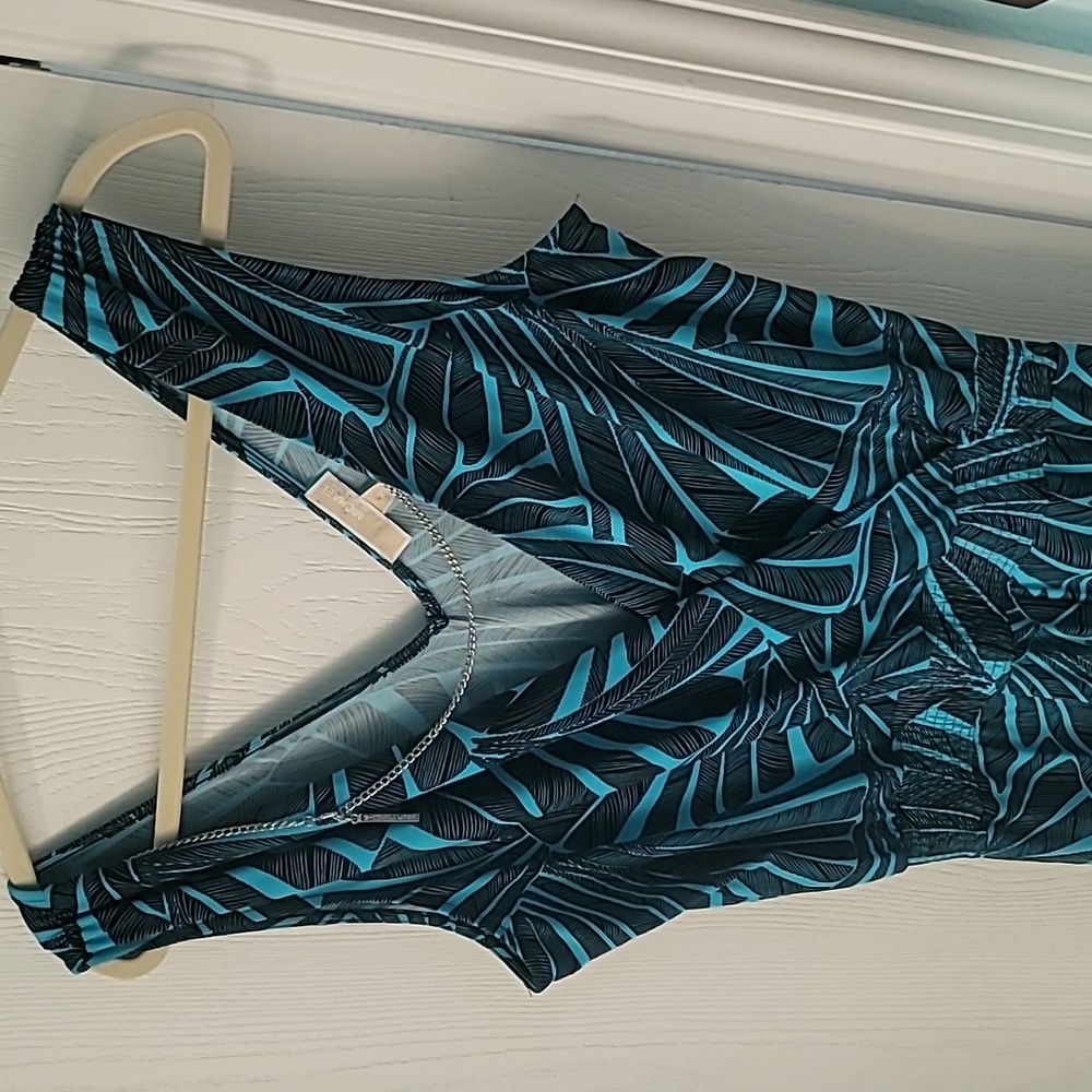 NWT MICHAEL Michael Kors Wide-Leg Jumpsuit Womens M Peacock Blue Leaf Print Dres - Picture 8 of 12